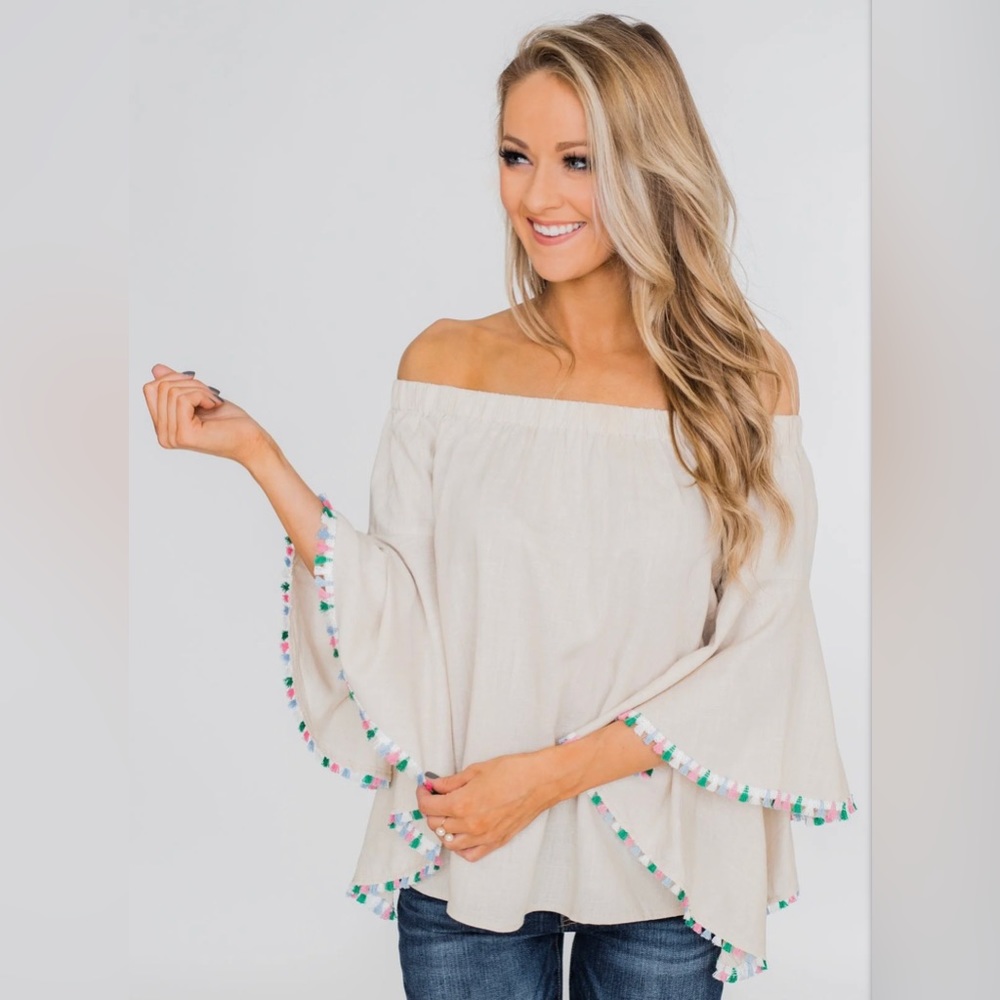 Andrée By Unit Linen Blend Top Boho Off Shoulder Bell Sleeves Tassels Size M